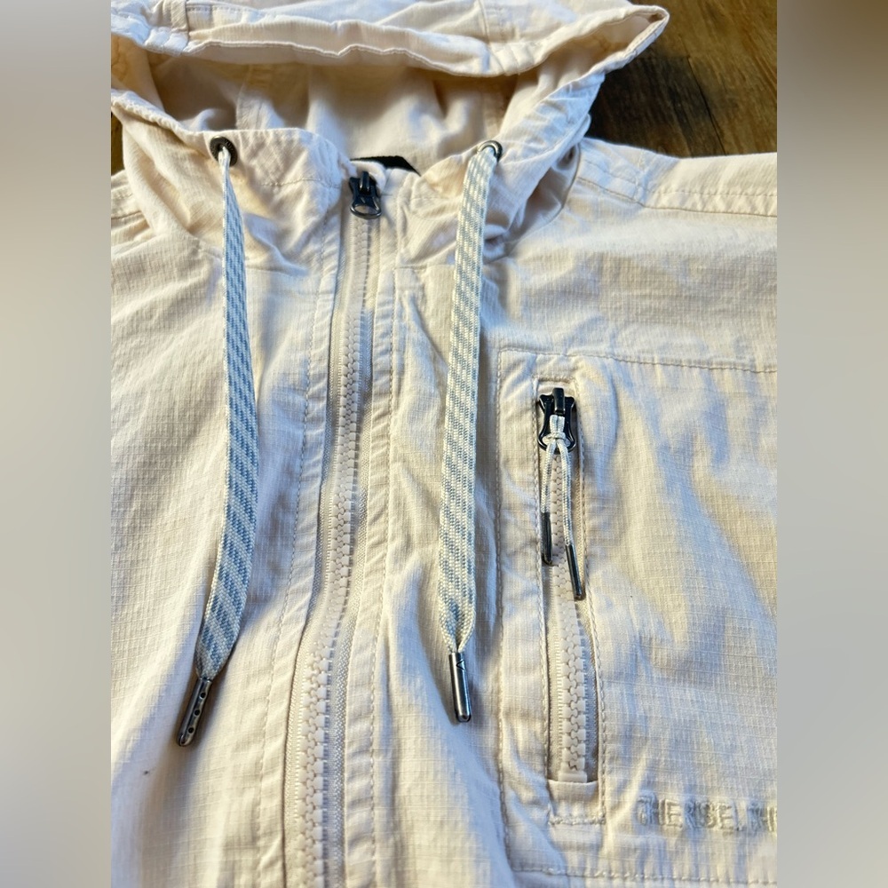 VOURI Vintage Cream Ripstop Utility Jacket with Hood Organic Cotton Cargo Pocket - Picture 9 of 14